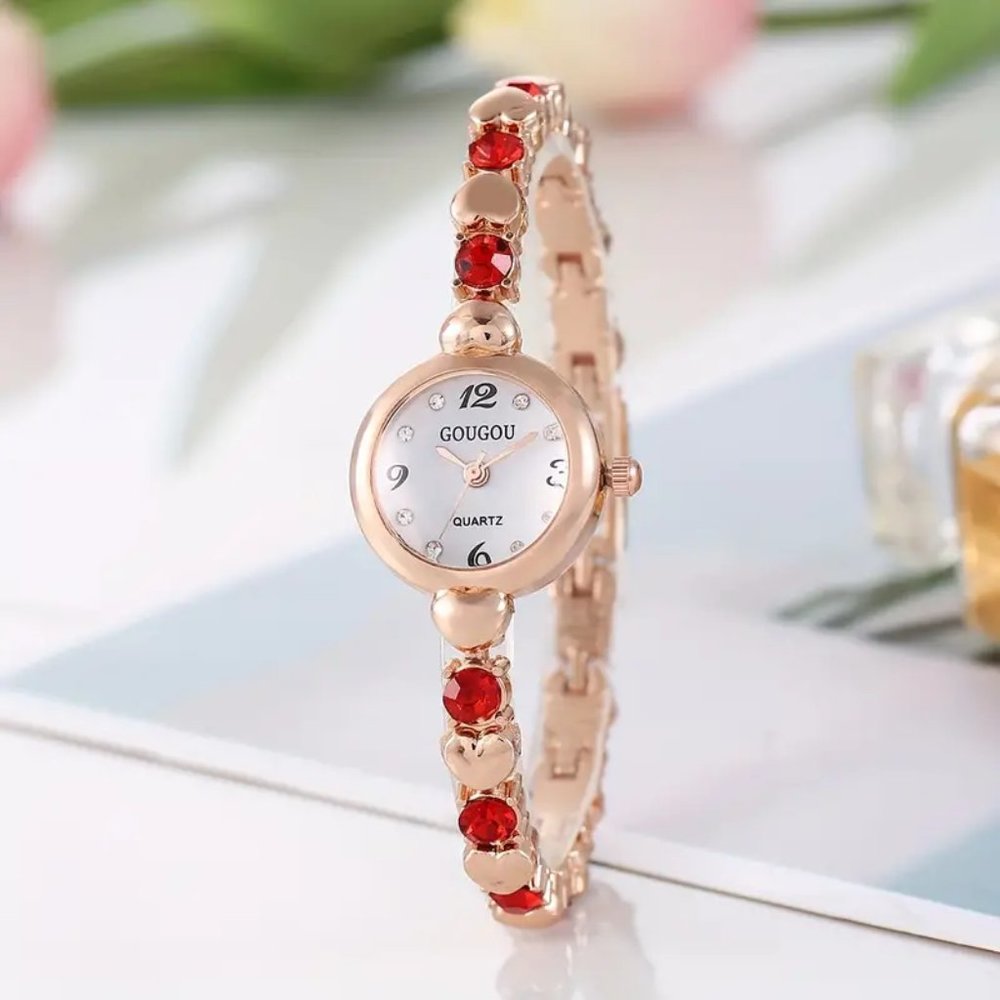 Red Sparkling Rhinestones and Heart Bracelet Ladies Quartz Watch